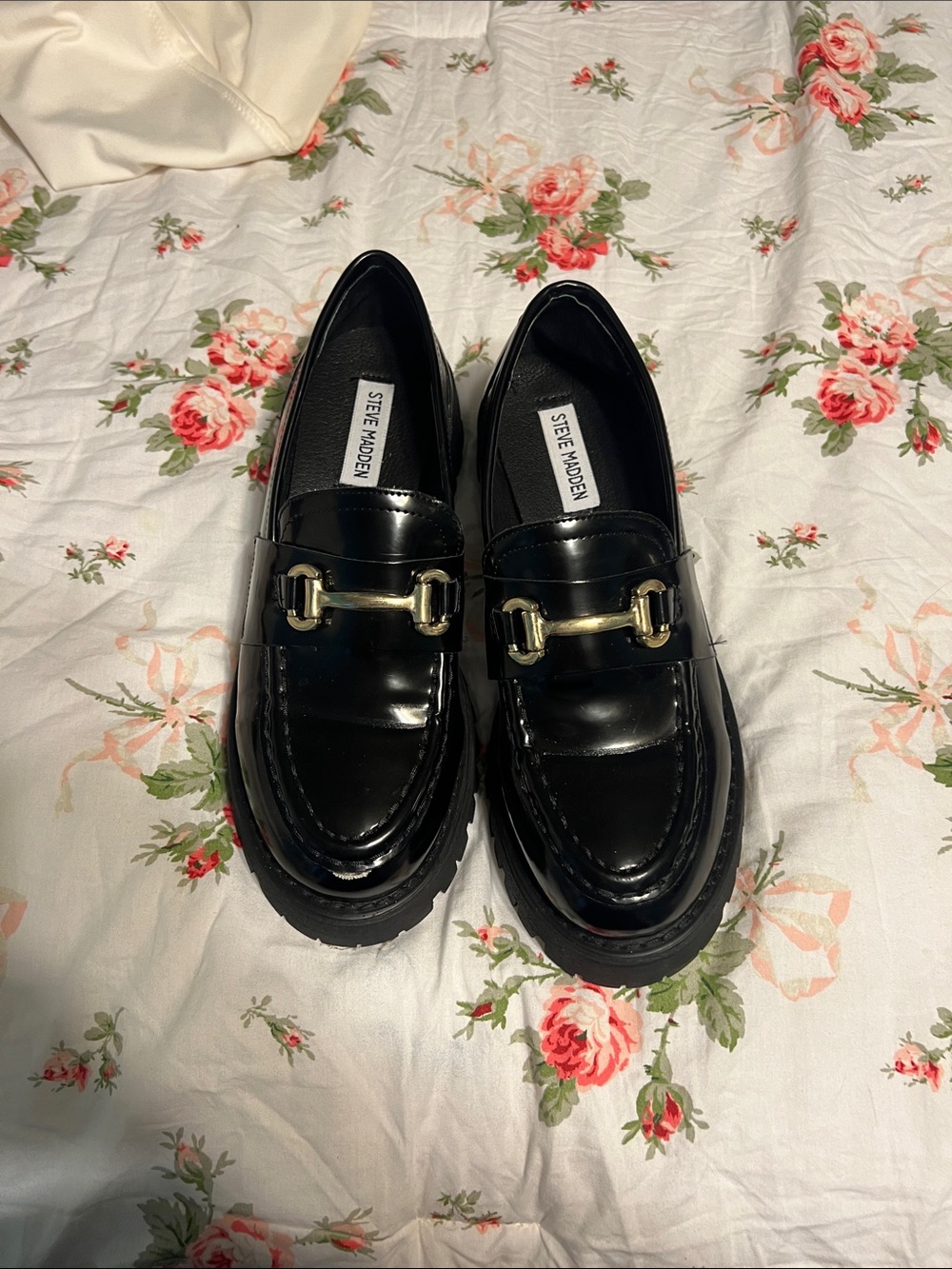 Steve Madden Black Patent Loafers with Gold Bit